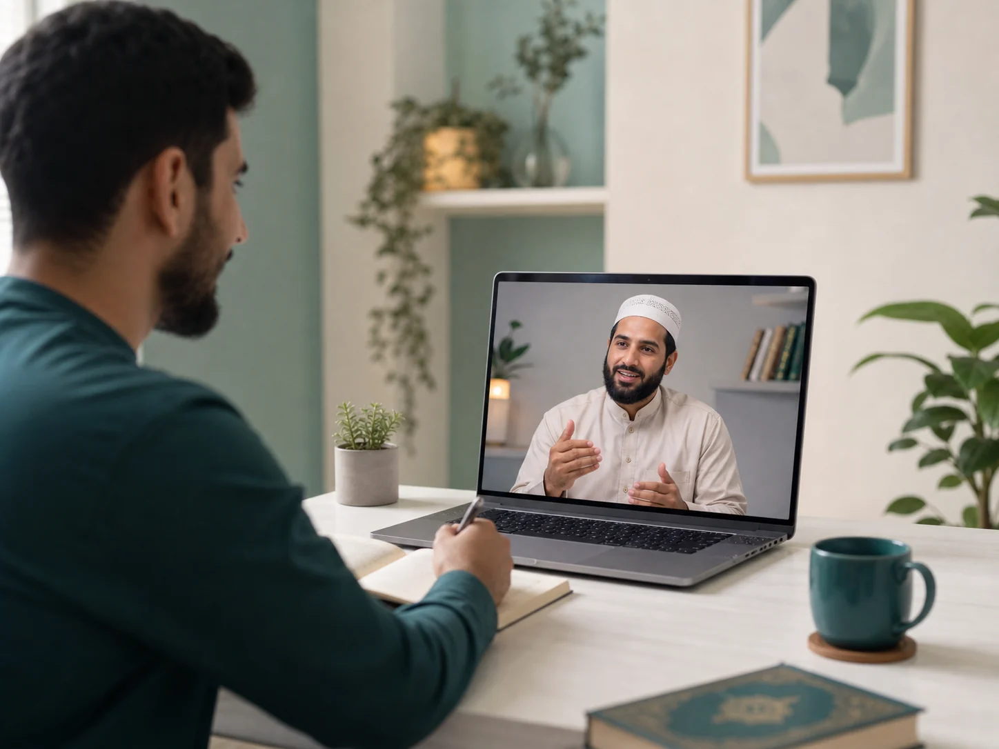 Online Quran lesson scene with a teacher and learner